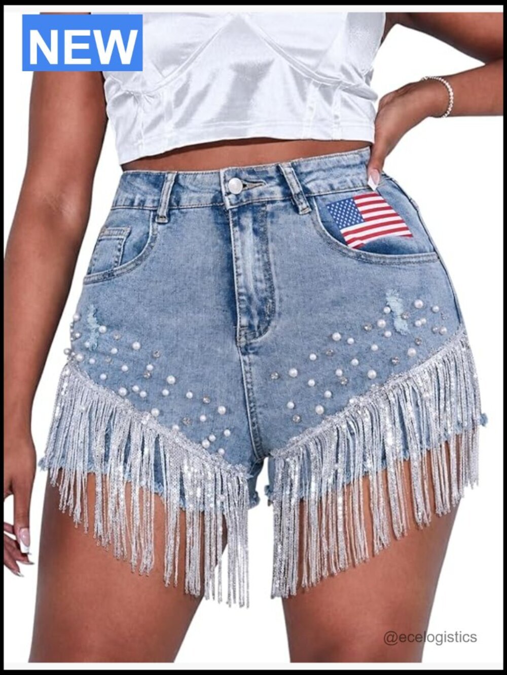 High Waisted Denim Shorts Ripped Frayed Hem Tassel Rhinestone Pearl